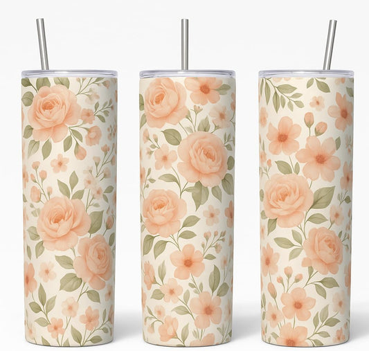Floral Tumbler Set with Straw, 20oz Insulated Travel Cup, Peach Rose Pattern with Sage Leaves