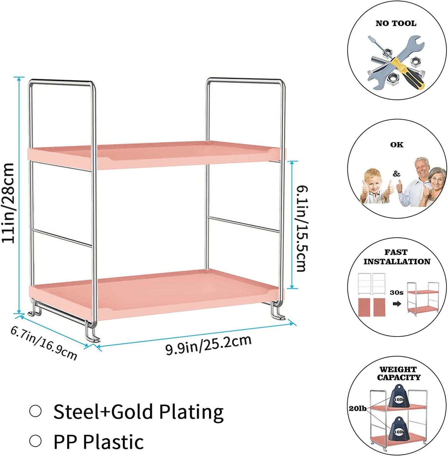 Cosmetic Storage Rack for Bathroom Countertop, 2-Tier Standing Shelf for Kitchen Organizer, Stackage Perfume and Bath Collection Organizer Tray (Pink&Silver)