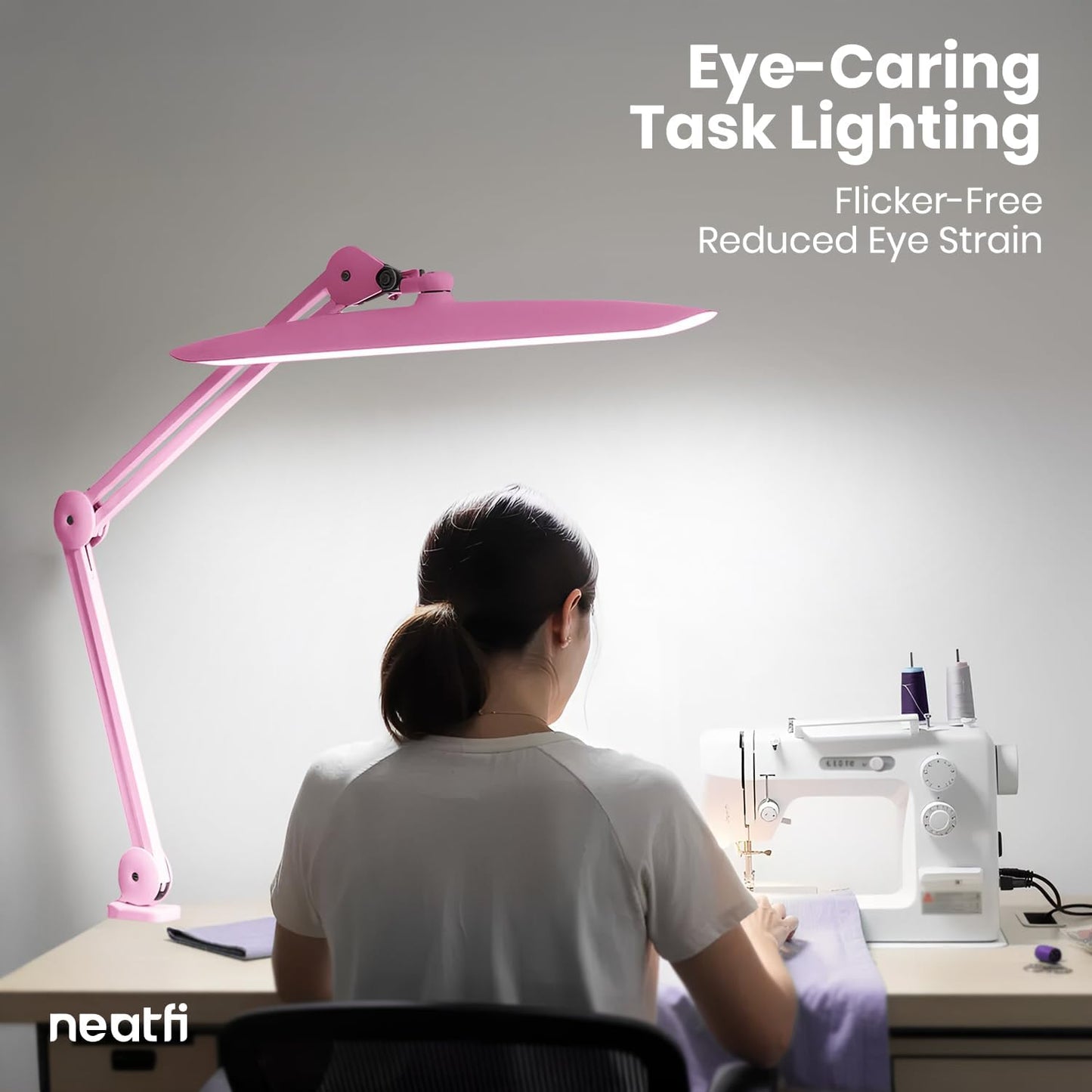 Neatfi XL 2200 Lumens 24W LED Desk Lamp – Shadow-Free Task Lighting | 4-Level Dimming | Home Office & Crafts Use | 20-Inch Wide Head (Pink, Non-CCT with Clamp)