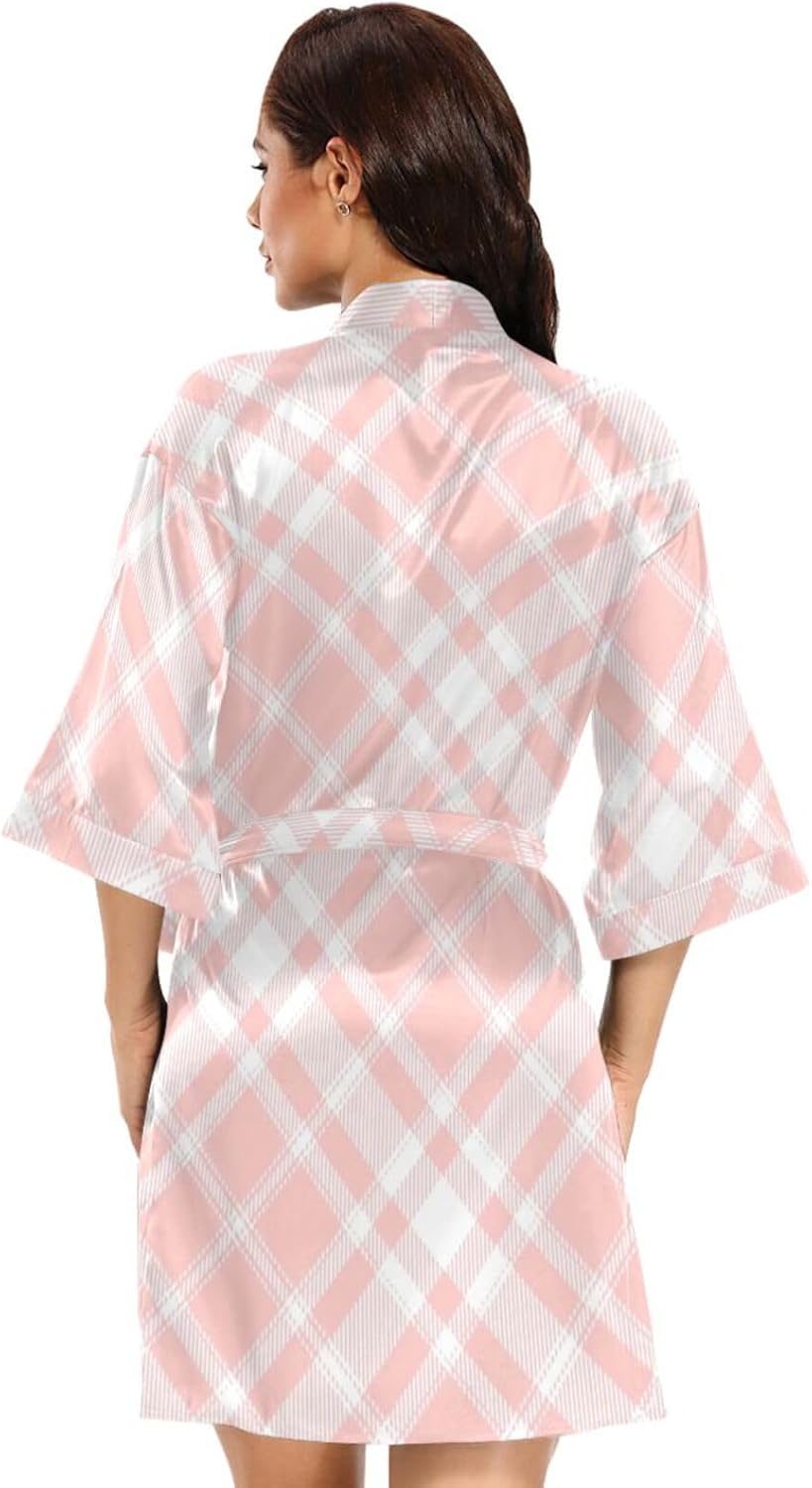Flesh Pink Checkerboard Womans Bathrobes Warm Shower Robe for Bathroom