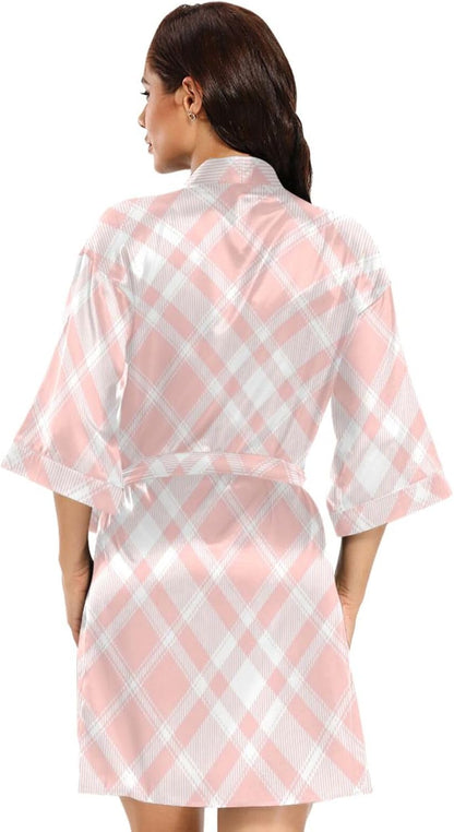 Flesh Pink Checkerboard Womans Bathrobes Warm Shower Robe for Bathroom