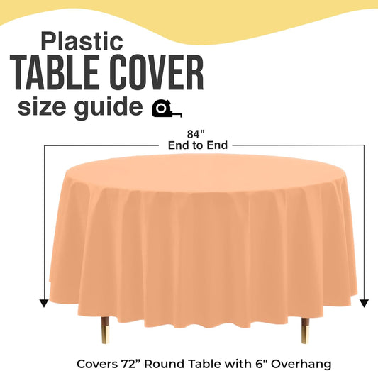 Exquisite 66% Thicker Premium Peach Round Tablecloth 0.5 Mil 6 Pack Plastic Table Cloth Disposable 84 Inch Round Plastic Tablecloth Won't Tear Easily Like Cheap Thin Brands