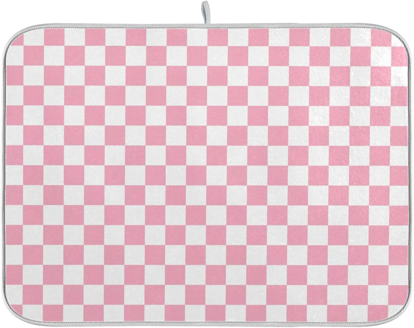 Pink White Checkered Pattern Dish Drying Mat for Kitchen Counter Absorbent Reversible Microfiber Drying Pad Countertop Drainer Mats, Large 18 x 24 inch