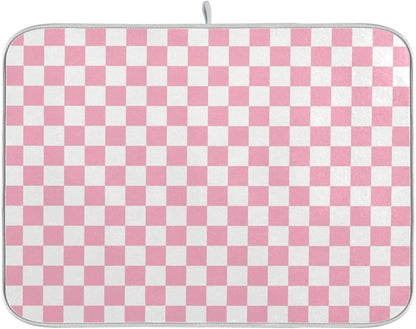 Pink White Checkered Pattern Dish Drying Mat for Kitchen Counter Absorbent Reversible Microfiber Drying Pad Countertop Drainer Mats, Large 18 x 24 inch