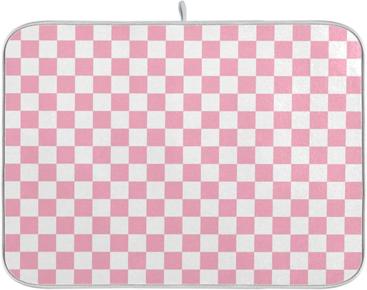 Pink White Checkered Pattern Dish Drying Mat for Kitchen Counter Absorbent Reversible Microfiber Drying Pad Countertop Drainer Mats, Large 18 x 24 inch