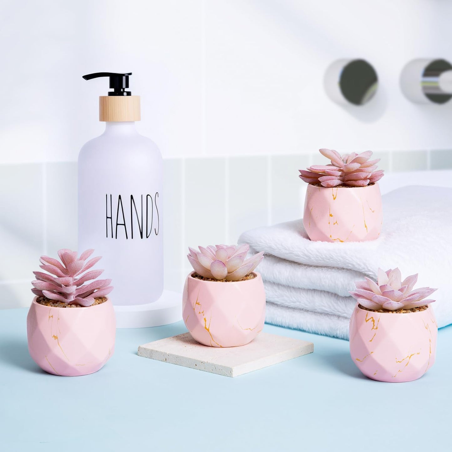 ZENIDA Artificial Succulent Plants in 4 Pink Ceramic Pots, Cute Fake Plants for Vanity Decor, Office, Desk, Bathroom, Kitchen, Bedroom, Shelves Decor for Women, Girls Gift