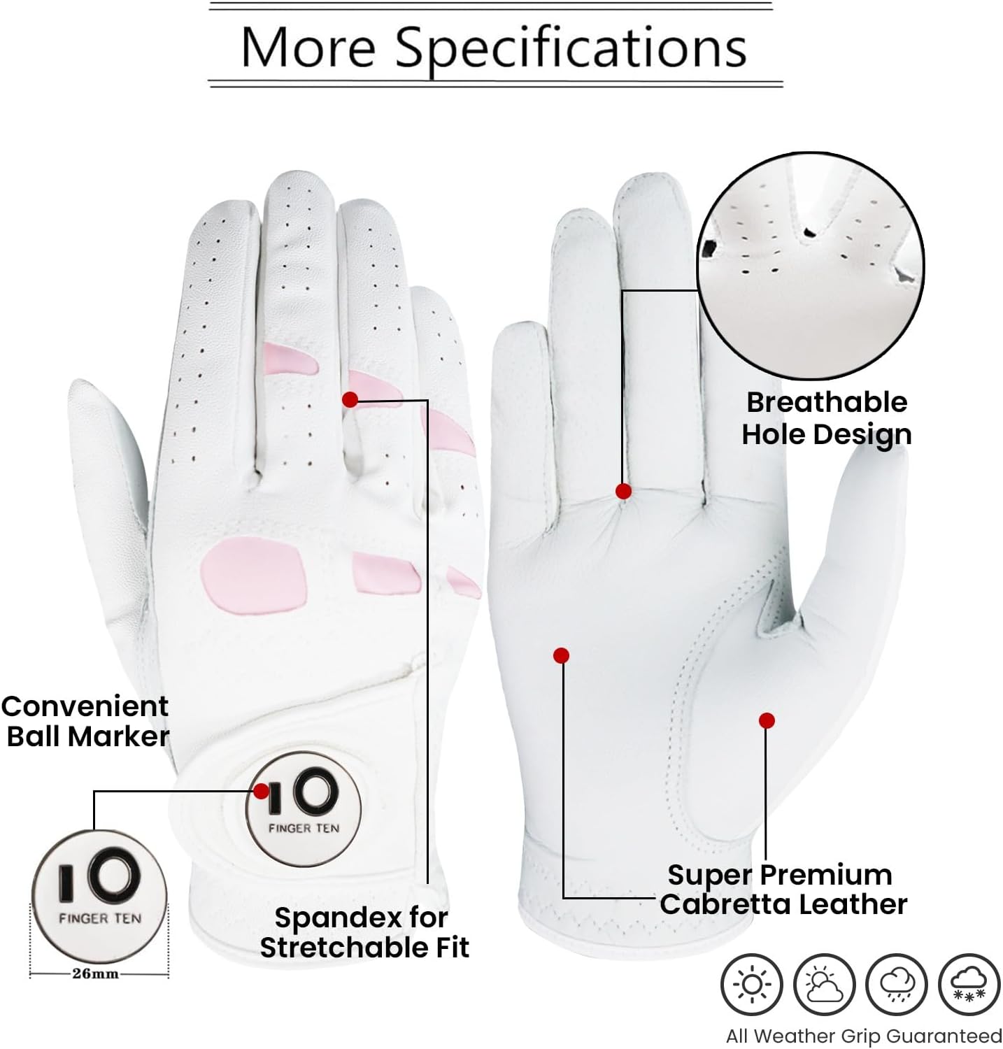 FINGER TEN Women’s Leather Golf Glove with Ball Marker Ladies Gloves Left Right Handed Golfer Extra Grip 1 Pack, Left Right Hand Pink Fit Woman Girl, Size Small Medium Large XL