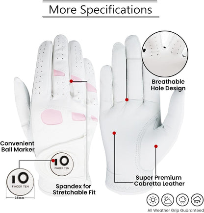 FINGER TEN Women’s Leather Golf Glove with Ball Marker Ladies Gloves Left Right Handed Golfer Extra Grip 1 Pack, Left Right Hand Pink Fit Woman Girl, Size Small Medium Large XL