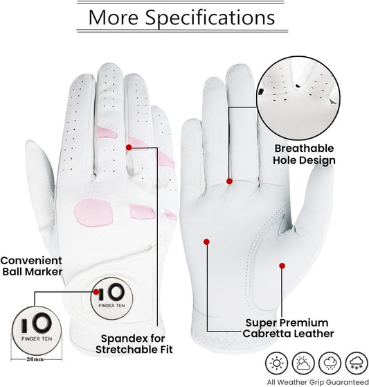 FINGER TEN Women’s Leather Golf Glove with Ball Marker Ladies Gloves Left Right Handed Golfer Extra Grip 1 Pack, Left Right Hand Pink Fit Woman Girl, Size Small Medium Large XL