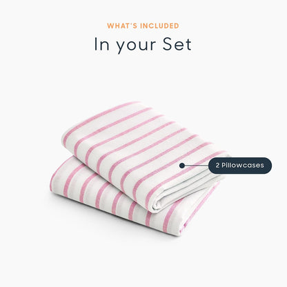 Wake In Cloud - Striped Pillow Cases, 100% Washed Cotton, Ticking Stripe Vertical Pinstripe Neutral Farmhouse, Set of 2 Pillowcases Pillow Shams Covers, Pink White, Standard Size 20x26 Inches