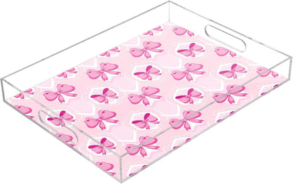 Light Pink Bows Serving Tray, Decorative Ottoman Trays with Handles for Breakfast, Coffee Table, Dining Room, Party - 16" x 12"