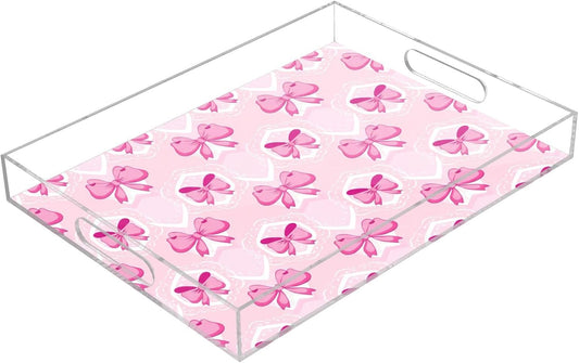 Light Pink Bows Serving Tray, Decorative Ottoman Trays with Handles for Breakfast, Coffee Table, Dining Room, Party - 16" x 12"