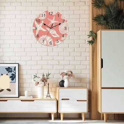 Ocean Coastal Wall Clocks Battery Operated Shells Starfish Conch Coral Red Linen Large Wall Clock for Bedroom Kitchen Living Room Bathroom Decorative 10"x10"