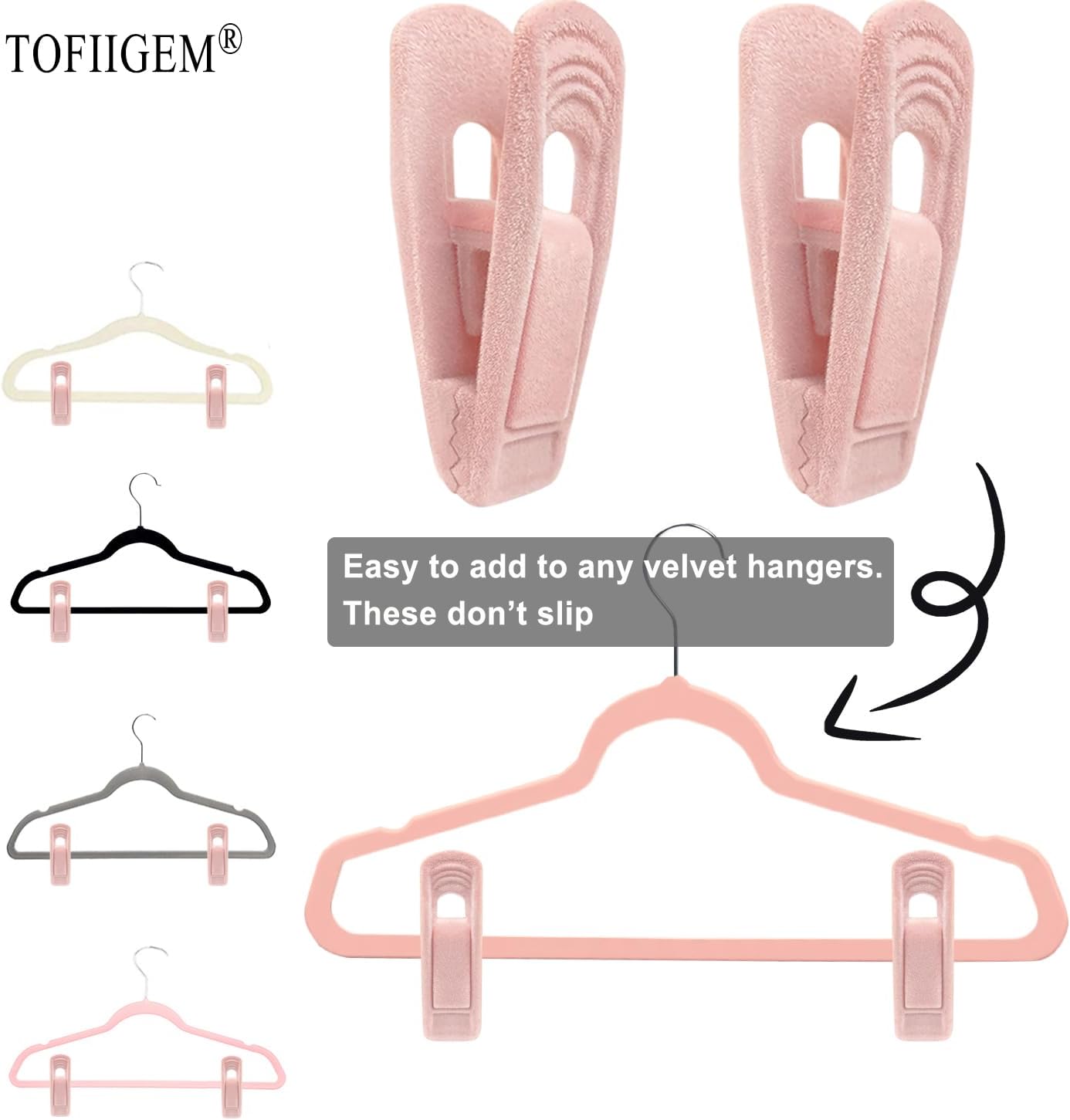 TOFIIGREM Light Pink Velvet Hangers Clips 20 PCS, Non-Slip Velvet Clip for Pant Skirt Velvet Hangers, Strong Flocking Hangers Clips