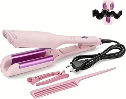 Hair Crimper for Women’s Beach Waves – Pink Deep Waver Curling Iron, 1.25-Inch Ionic Ceramic Hair Tool with Four Temperature Settings, Easy to Use for Long/Short Hair（Pink）