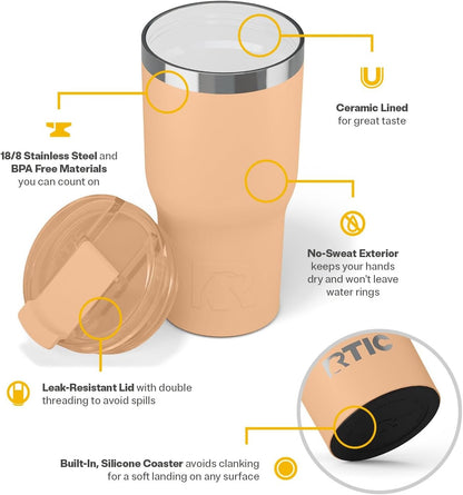 RTIC 20oz Essential Tumbler with Lid, Ceramic Lined, Insulated, Stainless Steel, Metal, Double Wall Vacuum-Insulation, Travel Cup for Iced Coffee, Tea, Hot and Cold Drink, Peach Tea
