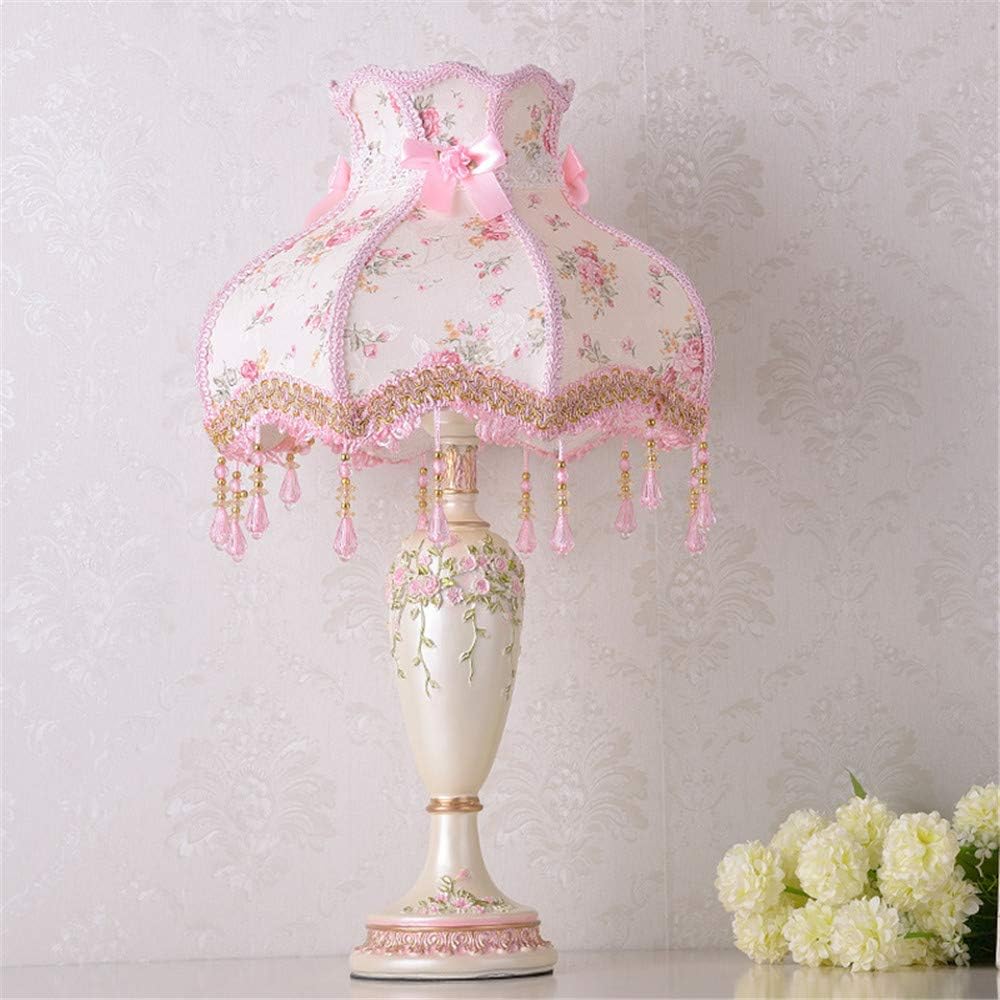 Night Stand Lamp Single Bulb Desk lamp Romantic Pastoral Scalloped Dress Fabric with Braided Trim Table Light Bedside Lamp -Pink