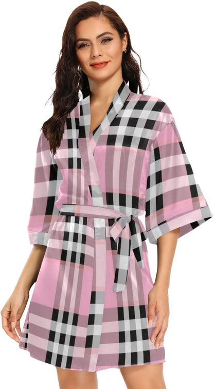 Black White Pink Checkered Plaid Womans Bathrobe Classic Womans V Neck Nightshirt for Home Beach