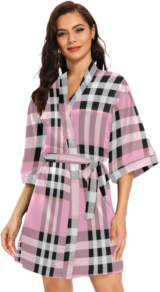 Black White Pink Checkered Plaid Womans Bathrobe Classic Womans V Neck Nightshirt for Home Beach