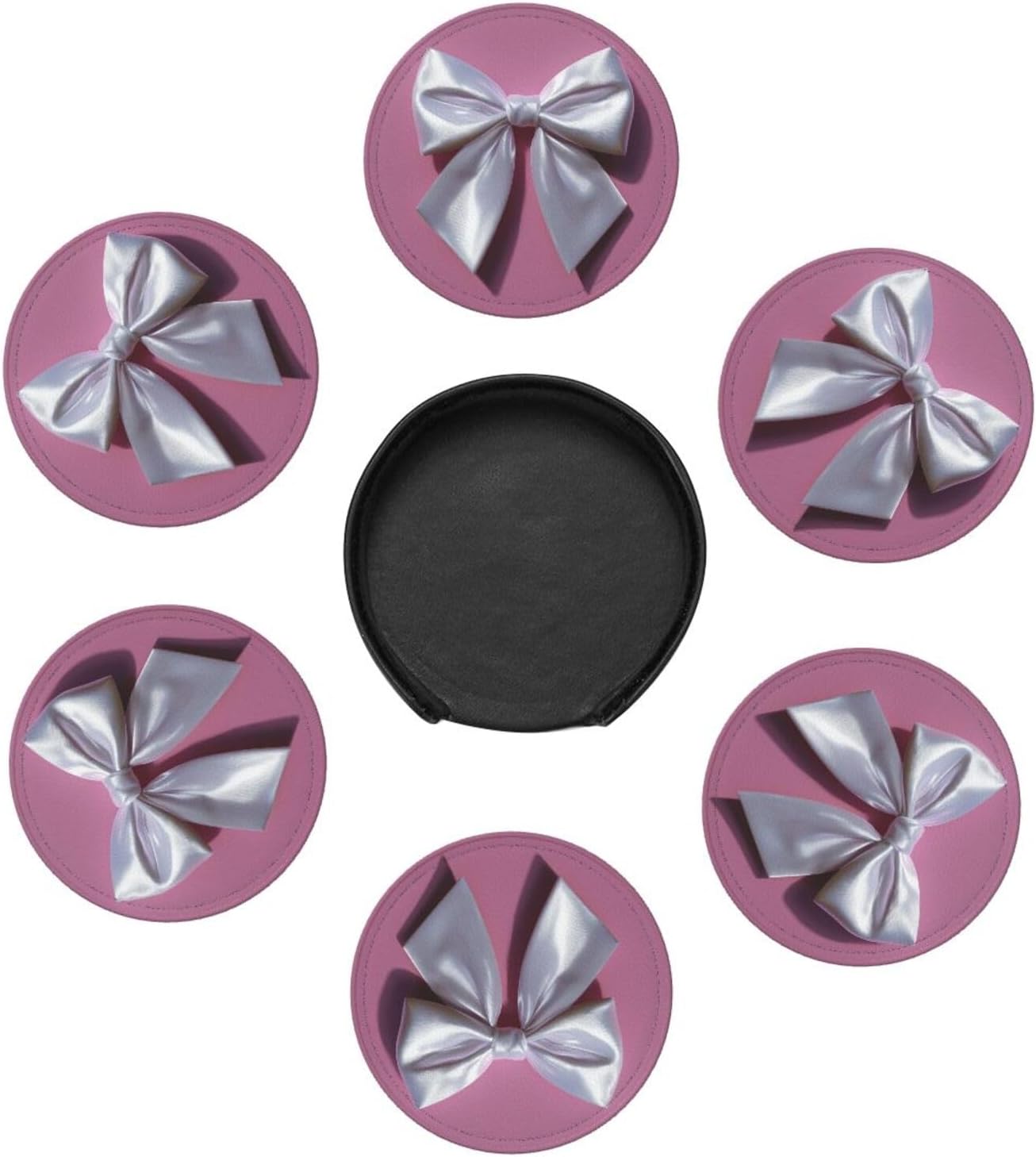 White Satin Bow On Light Pink Premium Leather Coasters, Set of 6 with Holder, Stylish Beverage Coasters for Kitchen Coffee Bar