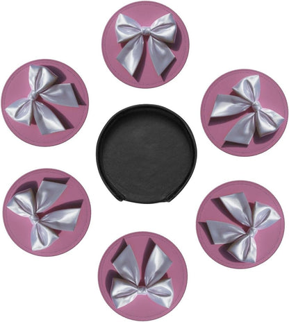 White Satin Bow On Light Pink Premium Leather Coasters, Set of 6 with Holder, Stylish Beverage Coasters for Kitchen Coffee Bar