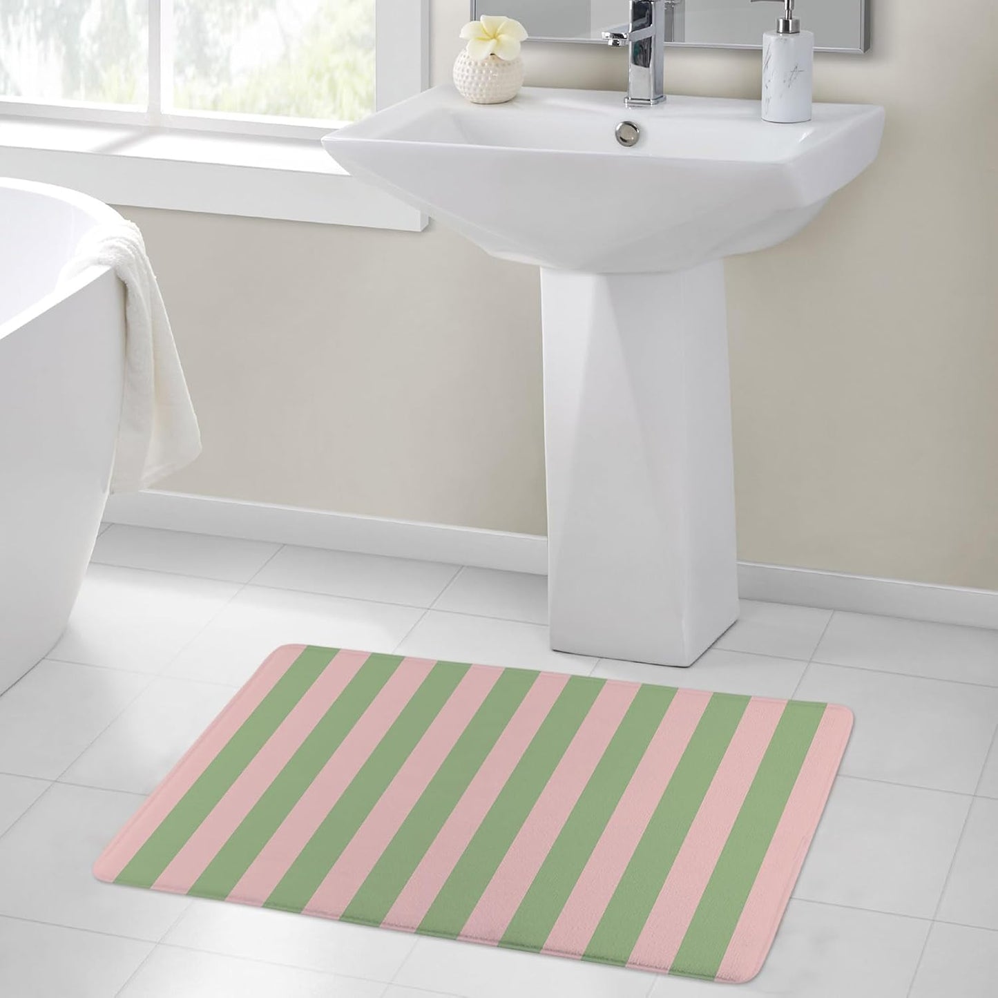 EOBTAIN Pink Green Striped Bathroom Rugs Non Slip Washable Funny Stripe Memory Foam Bath Mat for Shower Rustic Bathtub Mat Door Mat Indoor Entrance Floor Mat for Bedroom Bathroom Accessory 24x16 Inch