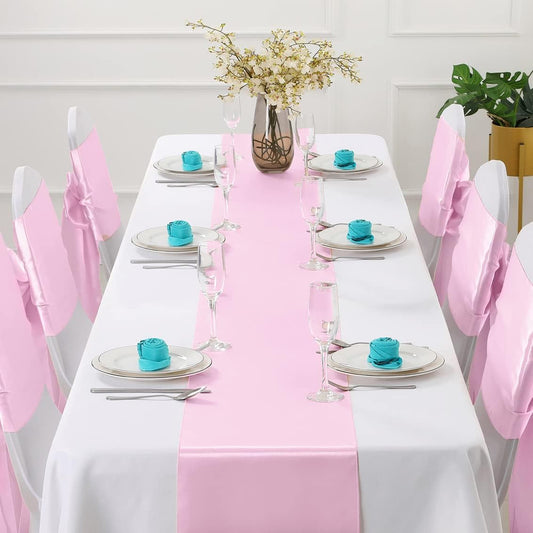 Horbaunal 12 Pack Light Pink Satin Table Runner 12 x 108 Inch, Smooth Table Runners for Wedding Banquets Birthday Party