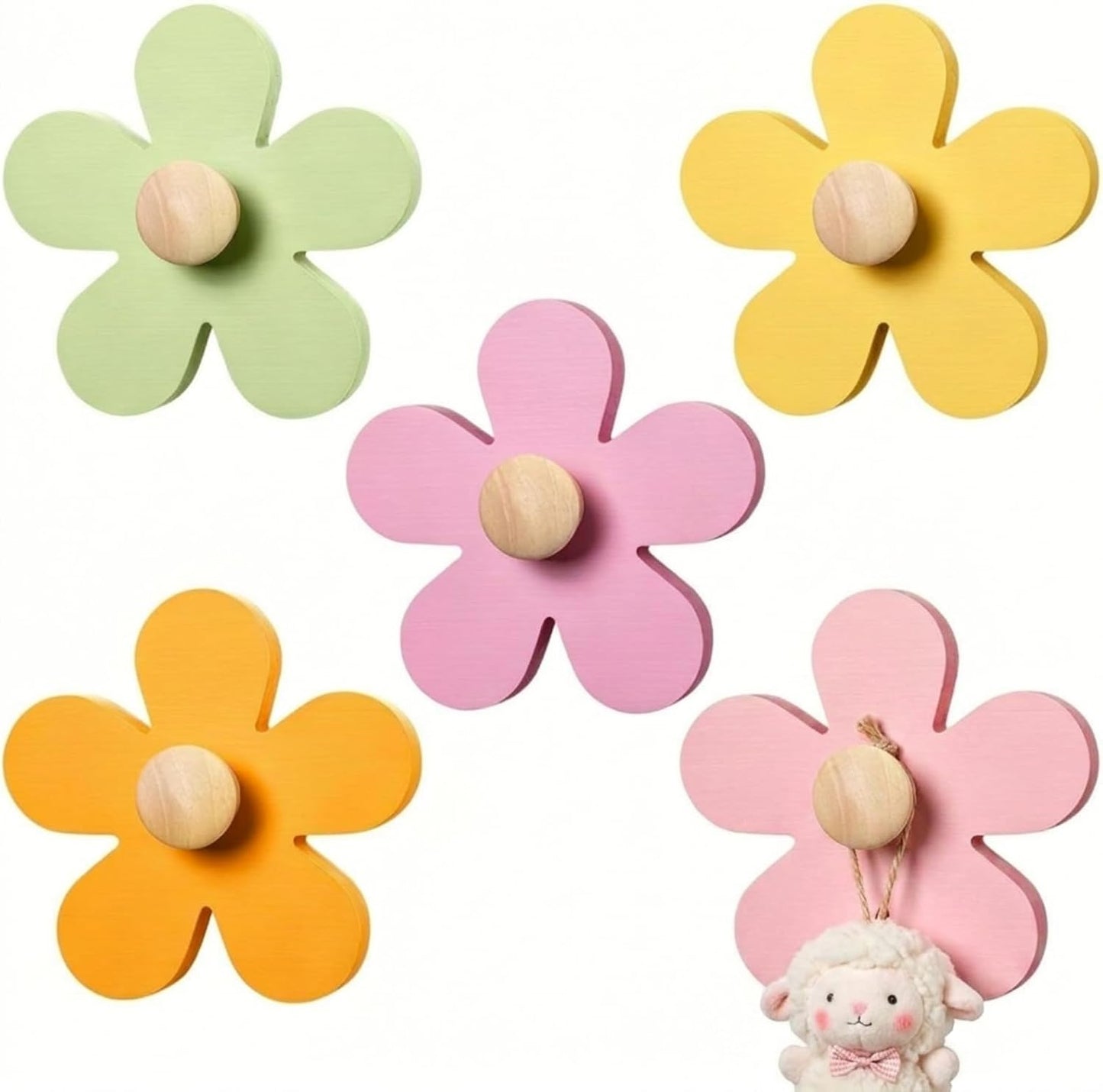 AceOrbit Pcs Daisy Wall Hooks Wood Flower Towel Hooks Cute Flower Decorative Wall Mount Hangers for Bathroom Kitchen Bedroom Home Entryway Decor(5,Yellow, Pink, Purple, Light Green)