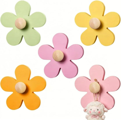 AceOrbit Pcs Daisy Wall Hooks Wood Flower Towel Hooks Cute Flower Decorative Wall Mount Hangers for Bathroom Kitchen Bedroom Home Entryway Decor(5,Yellow, Pink, Purple, Light Green)