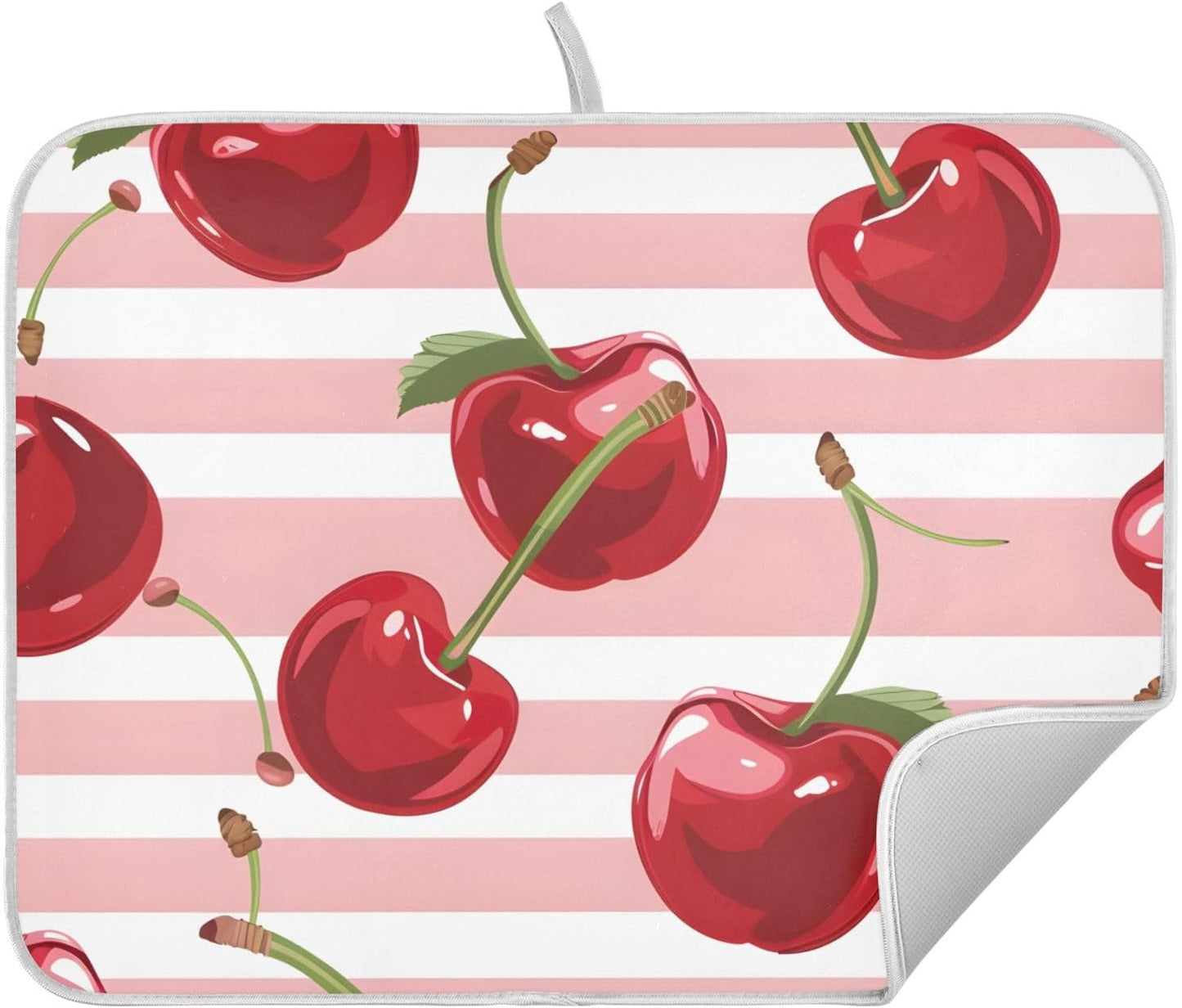 Pink Striped with Cherries Dish Drying Mat Dishes Pad Absorbent Fast Dry Dish Drainer Mat Protector for Kitchen Counter 18x14 Inches