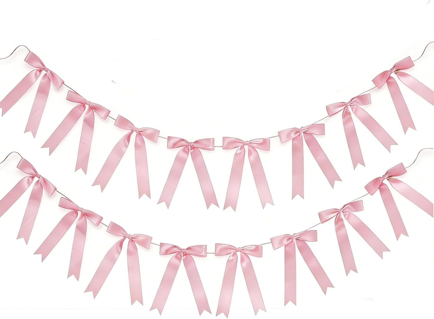 2 Strings 16pcs Pink Bow Garland Banner, Pre-Strung Satin Ribbon Decorations for Coquette Theme Birthday Party, Baby Shower, Bridal Shower, Bachelorette Party, Wedding, Anniversary Decor