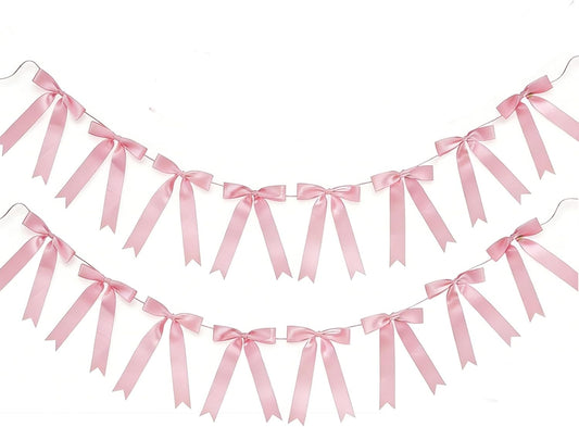 2 Strings 16pcs Pink Bow Garland Banner, Pre-Strung Satin Ribbon Decorations for Coquette Theme Birthday Party, Baby Shower, Bridal Shower, Bachelorette Party, Wedding, Anniversary Decor