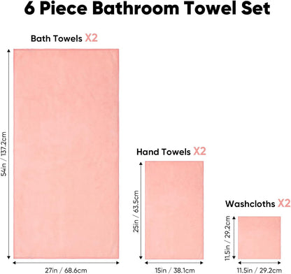 Orighty 6-Piece Towel Set - Soft & Lightweight - 2 Bath Towels, 2 Hand Towels, and 2 Wash Cloths - Absorbent & Quick Drying Microfiber Towel for Multipurpose, Bathroom, Gym, Sport, Yoga, Travel - Pink