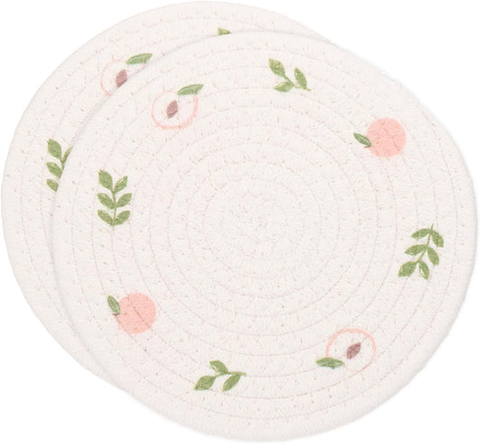 uxcell Round Placemats Set of 2, 7.1 Inch Cotton Rope Braided Place Mats, Heat Resistant Woven Table Placemats, for Home Wedding Holiday Party, Peach Pattern