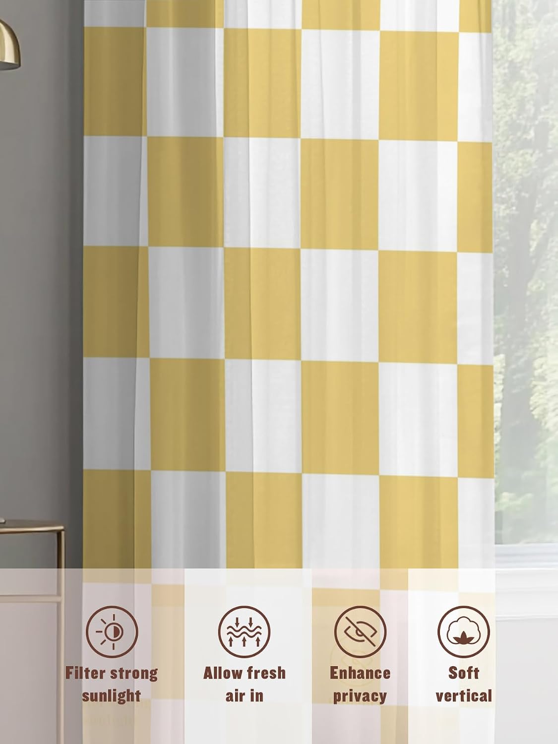 Lemon Yellow Checkered Sheer Curtains for Living Room Bedroom Geometric Yellow Buffalo Plaid Sheer Curtains 45 Inch Long 2 Panels Set Light Filtering Curtain Window Treatments Drapes for Dining Room