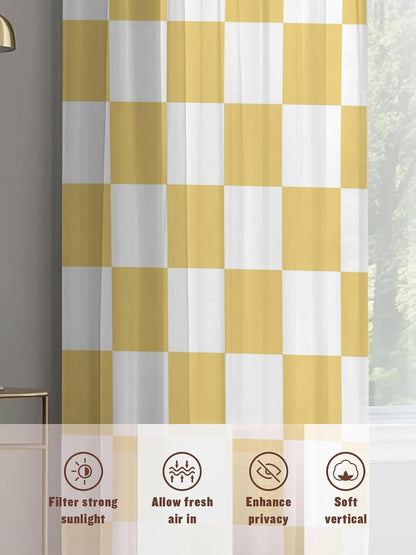 Lemon Yellow Checkered Sheer Curtains for Living Room Bedroom Geometric Yellow Buffalo Plaid Sheer Curtains 45 Inch Long 2 Panels Set Light Filtering Curtain Window Treatments Drapes for Dining Room