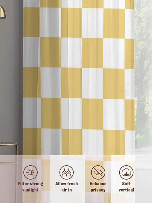 Lemon Yellow Checkered Sheer Curtains for Living Room Bedroom Geometric Yellow Buffalo Plaid Sheer Curtains 45 Inch Long 2 Panels Set Light Filtering Curtain Window Treatments Drapes for Dining Room