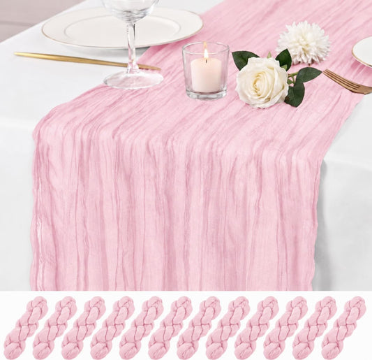 12 Pack Pink Cheesecloth Table Runner 17x108 Inch Boho Rustic Semi Sheer Gauze Cheese Cloth Table Runner for Wedding Bridal Shower Baby Shower Party Farmhouse Dining Table Decor
