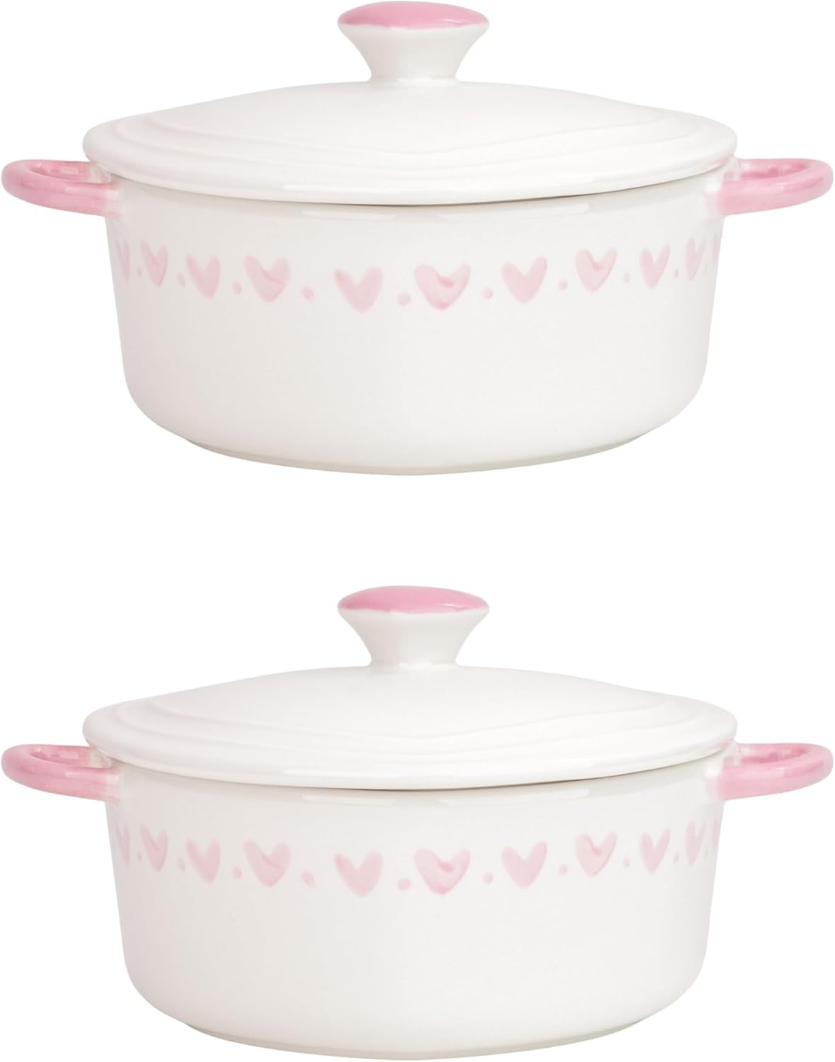 10 Strawberry Street Heart Mini Cocotte Lidded Ramekins, Set of 2, Ceramic Souffle & Baking Dishes, Mini Dutch Oven (Pink Hearts)