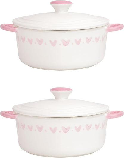 10 Strawberry Street Heart Mini Cocotte Lidded Ramekins, Set of 2, Ceramic Souffle & Baking Dishes, Mini Dutch Oven (Pink Hearts)