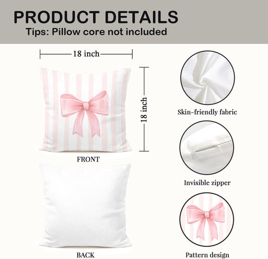 Coquette Pink Bow Striped Pillow Cover 18x18, Pink Preppy Coquette Room Dorm Decor, Girly Ribbon Bow Decorative Throw Pillow Cover for Girls Room Apartment Home Bedroom Living Set of 2