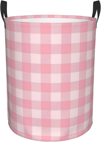 Pink Checkered Large Laundry Basket,Collapsible Laundry Hamper With Handle Checkered Room Decor,Round Waterproof Dirty Clothes Hamper Toy Organizer Storage Basket Gift for Home Bedroom Bathroom Decor