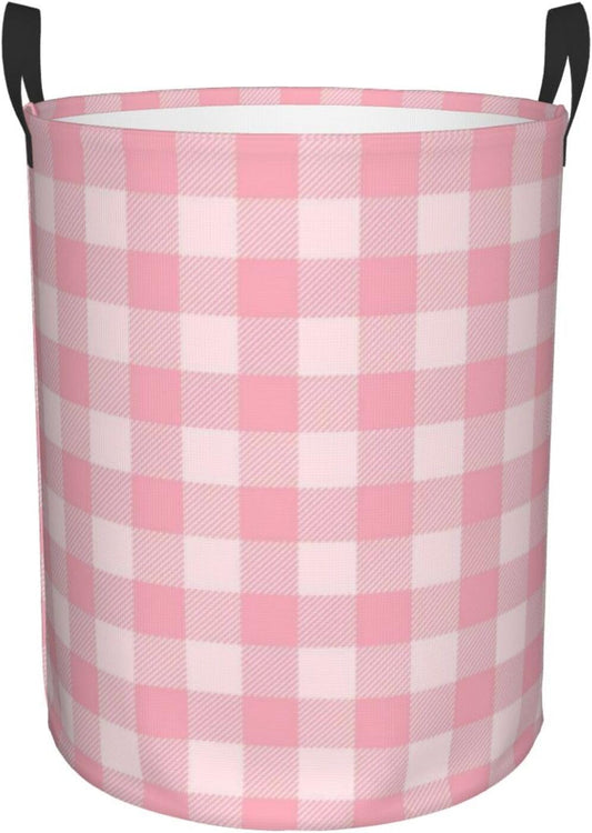 Pink Checkered Large Laundry Basket,Collapsible Laundry Hamper With Handle Checkered Room Decor,Round Waterproof Dirty Clothes Hamper Toy Organizer Storage Basket Gift for Home Bedroom Bathroom Decor