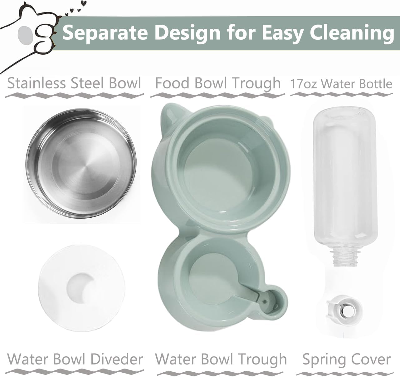 J&L VVMEET Dog Bowls, Puppy Cat Food and Water Bowl Set with Water Dispenser and Stainless Steel Bowl Detachable Gravity Pet Feeder and Waterer Set for Cats Dogs Puppy Rabbit (Pink)