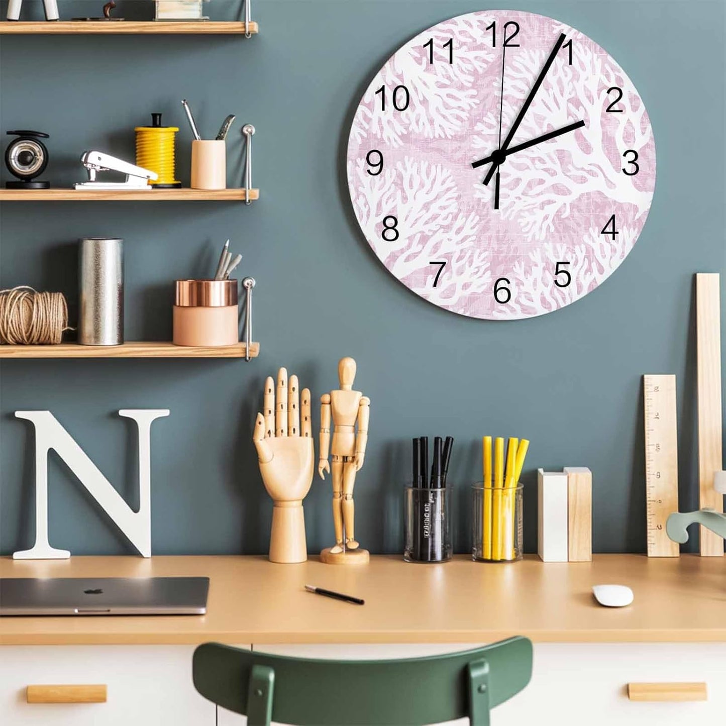 Coral Wall Clock Battery Operated Non-Ticking 10" Round Wood Clocks, Ocean Coral Coastal Pink Kitchen Wall Clock for School Bathroom Living Room Home Office Wall Decor
