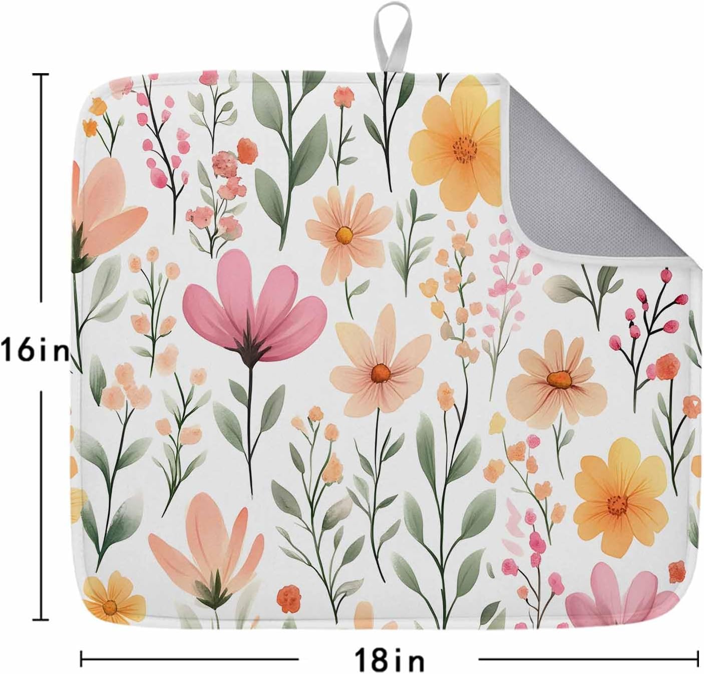 Watercolor Floral Dish Drying Mat 2 Pack, Light Pink Wildflowers Leaves Botanical Absorbent Heat Insulating Kitchen Drying Pad Drainer Mats for Sink Counter Dishes 16 X 18 Inch