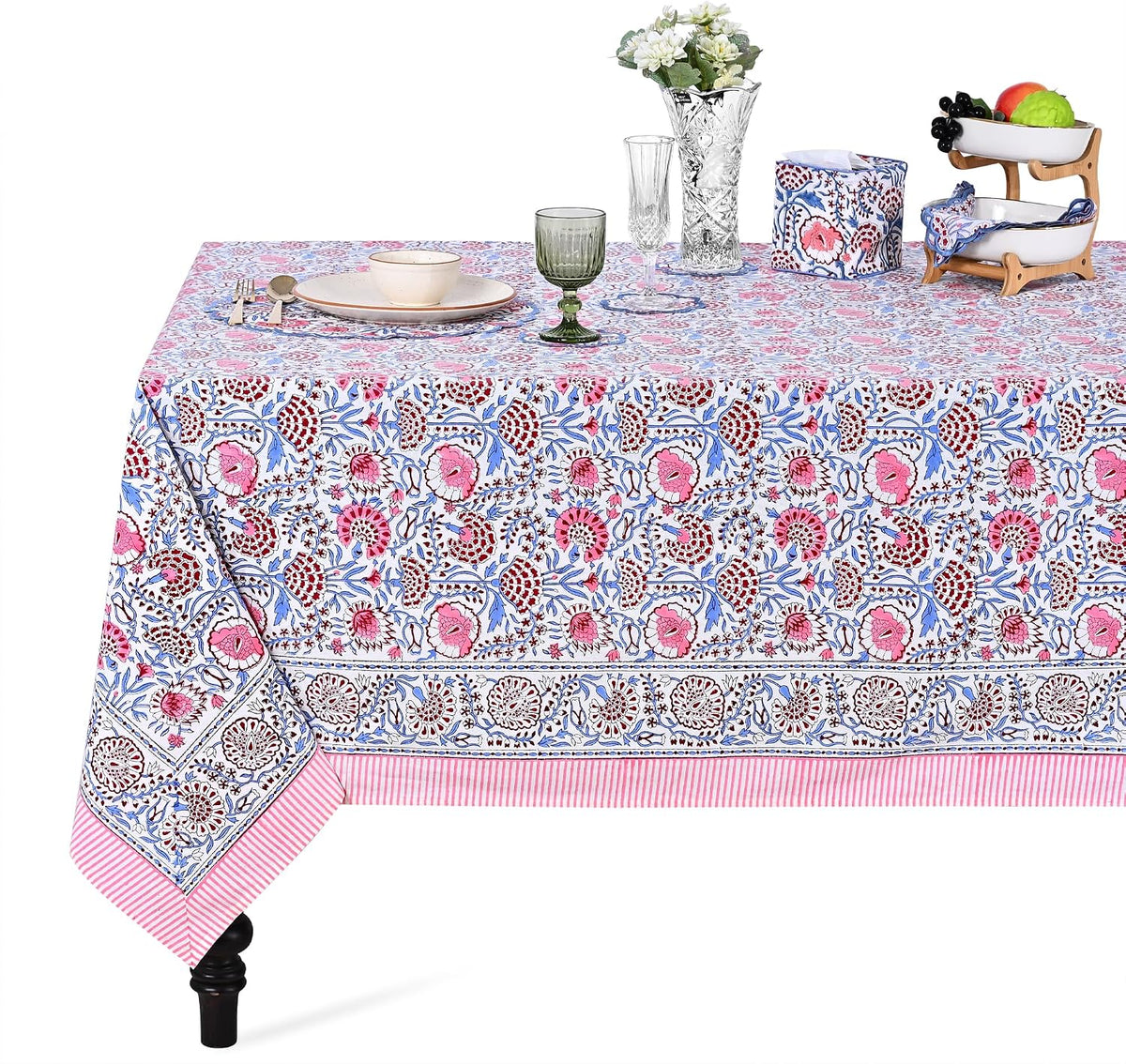 Blue & Pink Hand Block Print Cotton Square Tablecloth 60 x 60 Inch