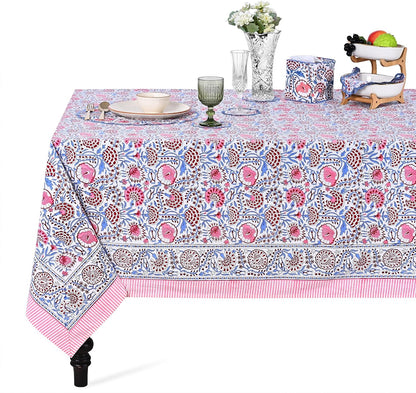 Blue & Pink Hand Block Print Cotton Square Tablecloth 60 x 60 Inch