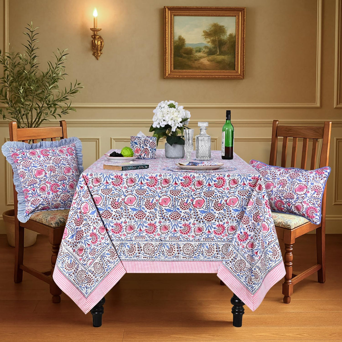 Blue & Pink Hand Block Print Cotton Square Tablecloth 60 x 60 Inch