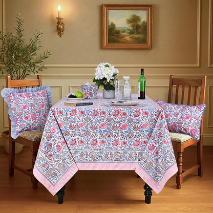 Blue & Pink Hand Block Print Cotton Square Tablecloth 60 x 60 Inch